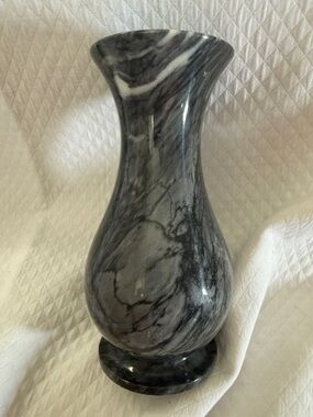Vintage 8” Solid Marble Vase – Hand Carved Grey & White Veined Stone